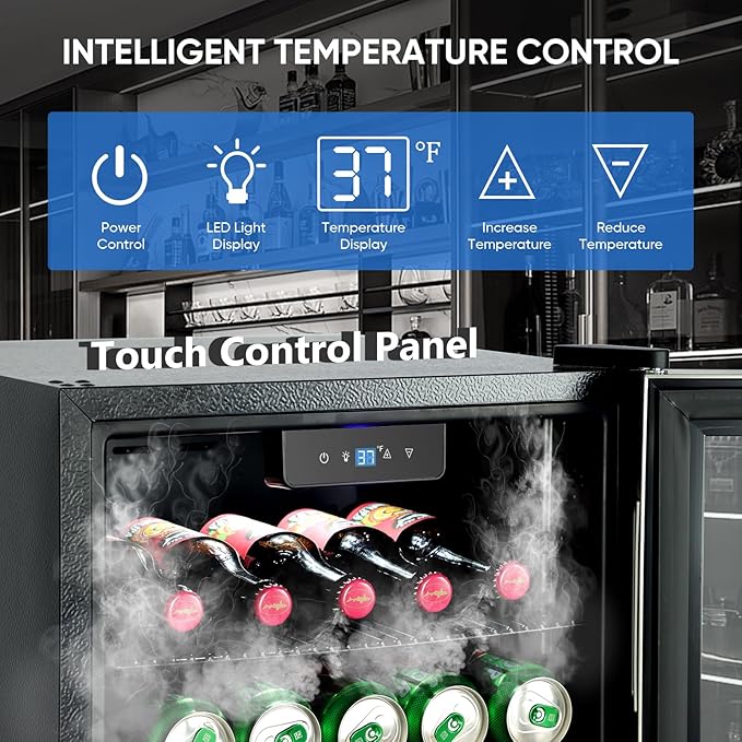 3.2 Cu.Ft Beverage Refrigerator with Compressor Cooling, 130 Can Glass Door Mini Fridge for Soda, Beer & Wine, Adjustable Shelves, Digital Temperature Control, for Home, Office & Bar, Black