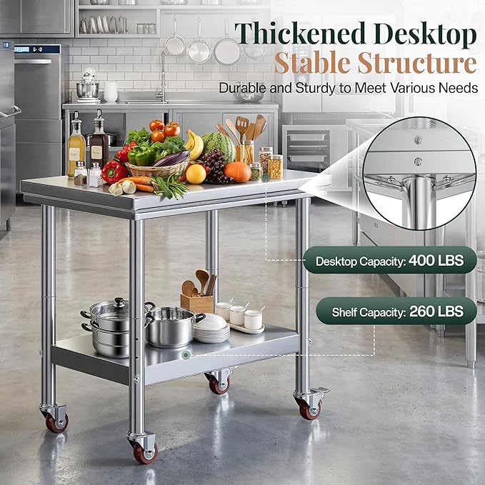 Jocisland 24" x 36" Stainless Steel Table for Prep & Work with Wheels, Adjustable Under Shelf & Safe Design for Restaurant, Home and Outdoor