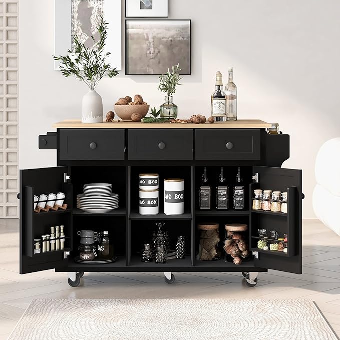 Favfurish Kitchen Island with Drop-Leaf Countertop, Internal Storage Cabinet Racks, Rolling Kitchen Cart on 5 Wheels with Open Shelves and 3 Drawers, Spice Holder, for Dining Room, Black