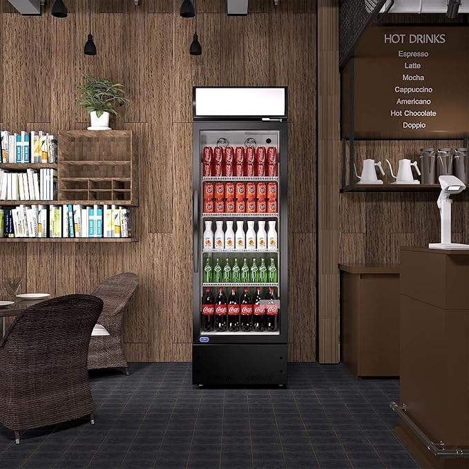Merchandiser Refrigerator with Glass Doors 23”, Beverage Display Cooler, Commercial Upright Refrigerator Display with LED Lighting, Adjustable Shelves for Beverages, Beer, and Drinks, Black