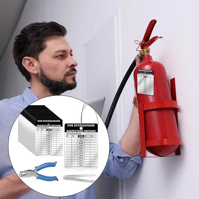 50 Pcs Waterproof Fire Extinguisher Inspection Tags 2.3 x 3 Inch Metal Aluminum with Wires and Handheld Hole Puncher Durable Metal Fire Tags for Monthly Fire Safety Check Indoor Outdoor Writeable(50)