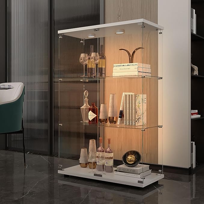 Glass Display Cabinet with LED, 3 Shelves with 2 Doors, Curio Storage Cabinets with Lock for Living Room, Office, Floor Standing Glass Bookshelf, Quick Installation - White