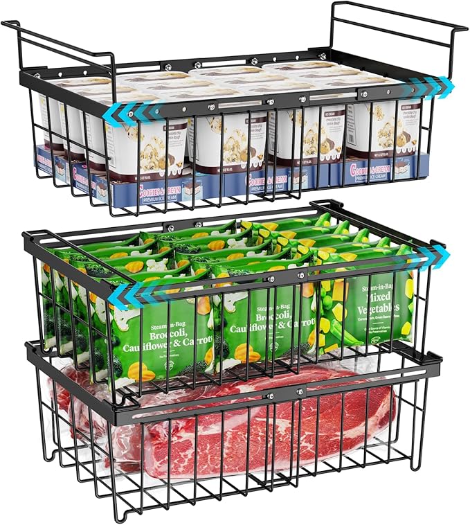iSPECLE Deep Freezer Organizer Bins for 10 to 20 Cu.Ft, 3 Pack Stackable & Hanging Baskets, Expandable Metal Wire Storage System, Fits 17.5"-22.6" Width, Chest Freezer Only, Black