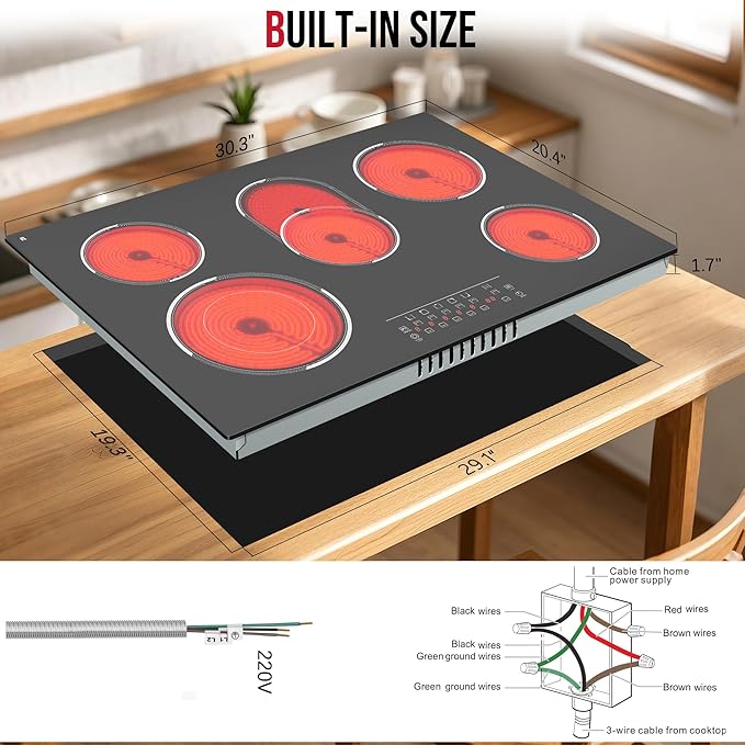 30 Inch Electric Cooktop 5 Burner, 8400W Built-in Electric Stove Top, 30" Ceramic Cooktop with Expanded Zone, Touch Control, Timer, Pause Control, Safety Lock, 220-240V, Hard Wire, No Plug