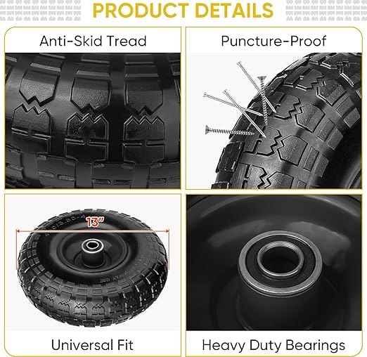 TICONN 4.00-6 Tire and Wheel Flat Free, 2 Pack 13" Solid Tires with 5/8" Axle Bore Hole and Double Sealed Bearings, Perfect for Wheelbarrow, Garden Cart, Wagon, Dolly (Black, 2PK)