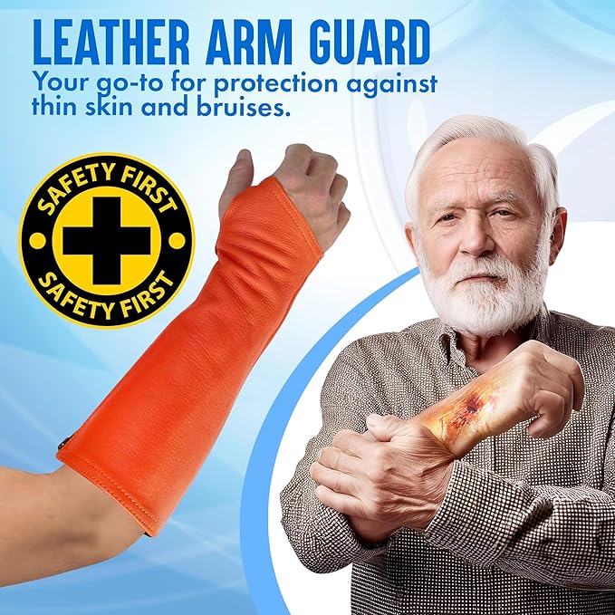Arm Chaps Leather Protective Sleeves Arm Guard - Prevent Cuts, Scratches & Bruises - Genuine Cowhide - Ideal for Gardening & Construction - Left & Right Form-Fitting. Orange (1 Pair/Small).