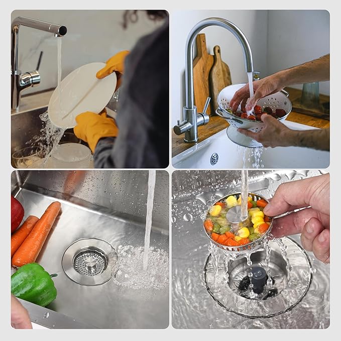 Kitchen Sink Drain Stopper with Removable Basket, Pop-Up Sink Plug for Standard Kitchen Drains, Stainless Steel Drain Cover with Anti-Debris Design