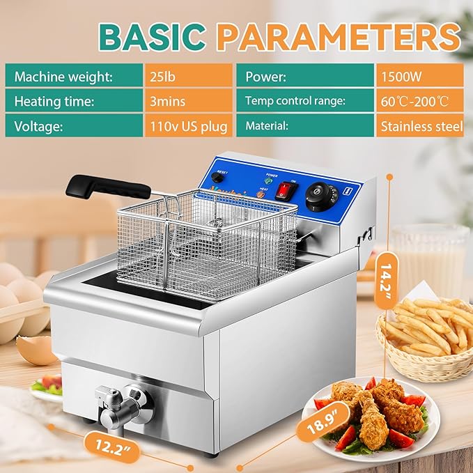 Newhai Electric Deep Fryer 13.7QT Commercial Countertop Frying Machine with Basket Stainless Steel for Restaurant Home 1500W 110V