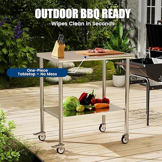 Stainless Steel Work Table with Wheels, 24x36 Inch NSF Kitchen Prep Table with Adjustable Undershelf for Commercial Restaurant, Garage, Outdoor BBQ
