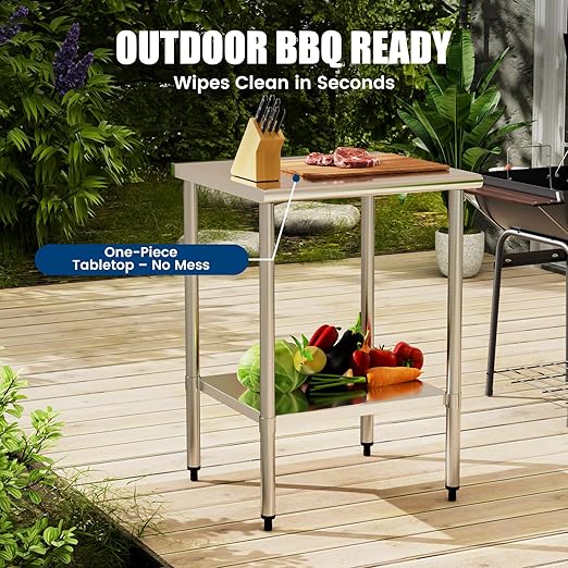 Stainless Steel Work Table 24 x 24 Inch with Adjustable Undershelf, Heavy-Duty Metal Prep Table for Commercial Kitchen & Restaurant, Garage, Outdoor