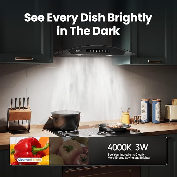 Black 36 inch Wall Mounted Range Hood Glass 900 CFM, Stainless Steel Kitchen Hood Vent with Gesture/Touch Controls, 3-Speed Exhaust Fan and Stainless Steel Baffle Filter, 2 LED Lights