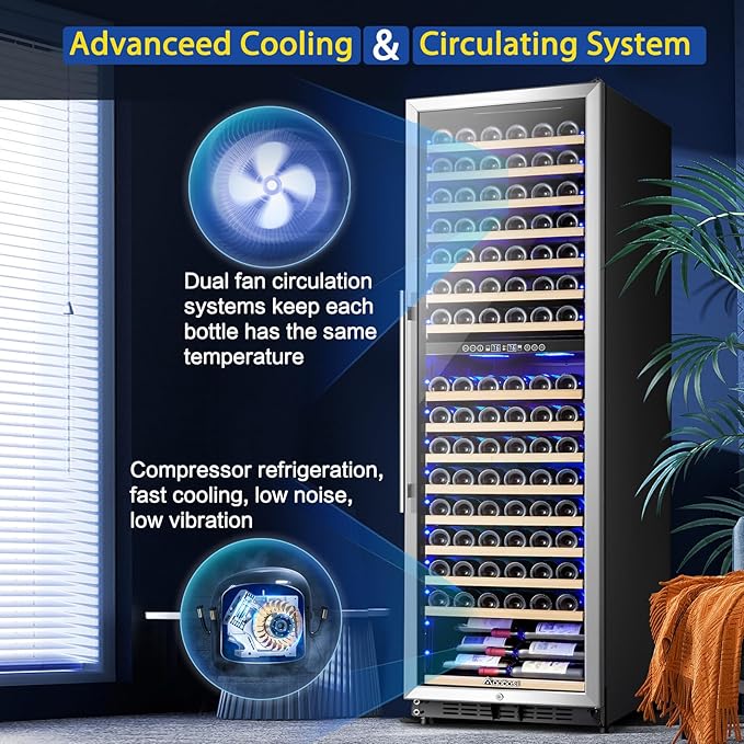 AAOBOSI Wine Cooler Refridgerator 24 Inch, 176 Bottles Dual Zone Wine Fridge with Double-Layer Tempered Glass Door and Temperature Memory Fuction,Built-in or Freestanding.