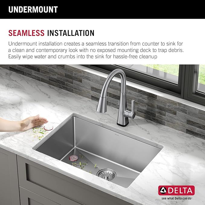DELTA FAUCET Delta Lenta 26-inch Undermount 16 Gauge Stainless Steel Single Bowl Kitchen Sink with Accessories, 953034-26S-SS, Satin