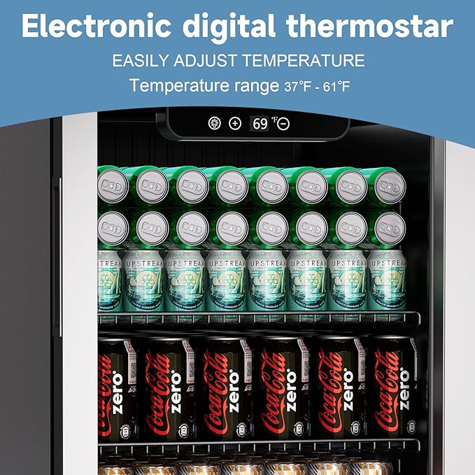 Stopasd Beverage Refrigerator Cooler, 3.0 Cu.Ft/105 Can Drink Fridge with Adjustable Shelves & Glass Door for Soda Wine Beer, Quiet Undercounter Small Fridge for Home/Office/Bar/Garage(37-61 ℉),Sliver