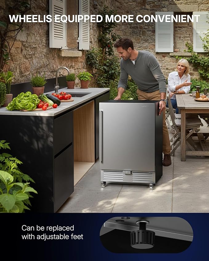 Upstreman 24 Inch Outdoor Refrigerator, Under Counter Refrigerator with Stainless Steel Door, Weatherproof, LED Light, Built-in or Freestanding Beverage Fridge for Home, Patio or Commercial Use-BR50