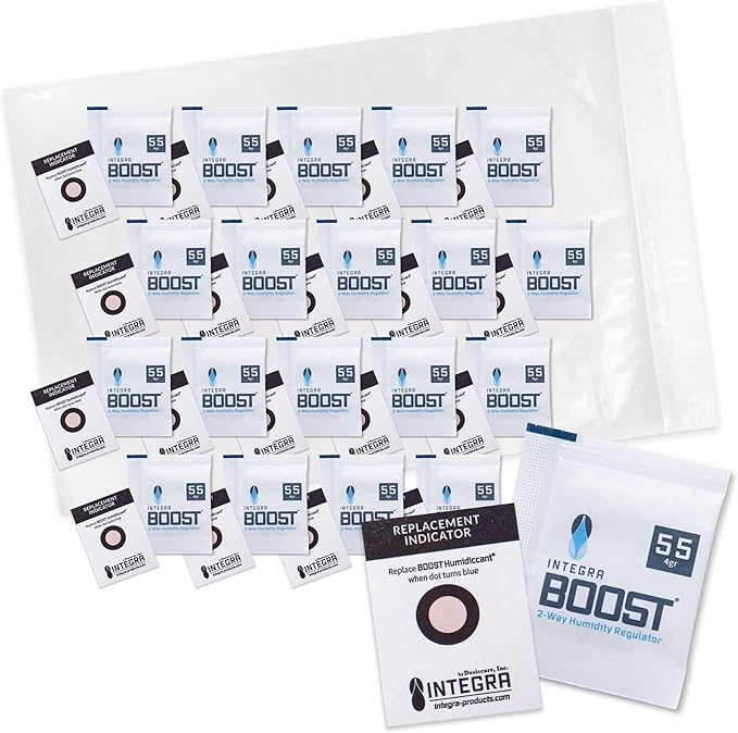 Integra Boost 55% RH Level - 4 Gram Size - Two-Way Humidity Control Pack - Incl. Replacement Indicator Cards - Food Storage & Herbs Moisture Balancer for Up to 1/2 oz (Pack of 20)