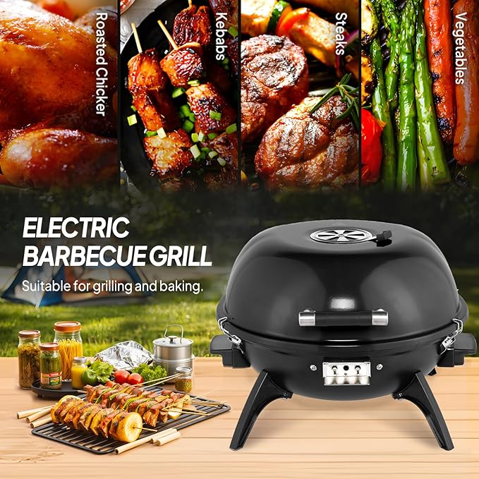 ROVSUN 1600W Tabletop Electric Grill with Temperature Control, Black 304 Stainless Steel Grill w/Double Layer Design, Portable & Removable, Small Stove for Indoor and Outdoor Use