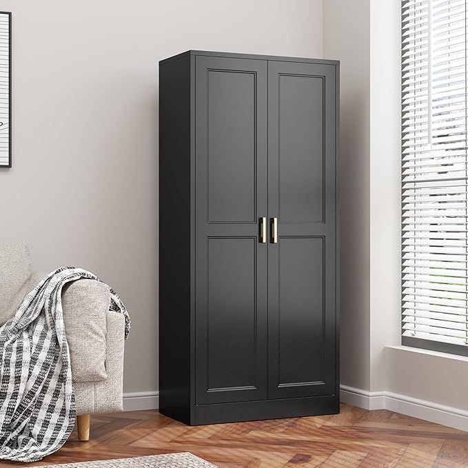 60" Kitchen Pantry Storage Cabinet,Black Tall Storage Cabinet With Doors and Shelves,Metal Food Pantry Cabinets for kitchen storage,Freestanding Cupboard for Dining Living Room,Assemble Required