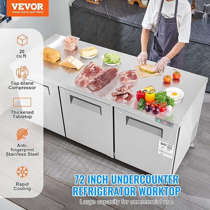 VEVOR 72" Commercial Refrigerator Sandwich & Salad Prep Table, 20 Cu. Ft Stainless Steel Refrigerated Food Prep Station with 3 Doors, Frost Free Refrigerator with Lock for Restaurant, Bar, Store