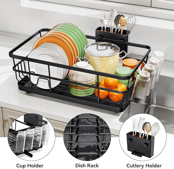 TOOLF Large Dish Drying Rack for Kitchen Counter,Kitchen Dish Racks with Drainboard,Sink Dish Strainer Rack,Countertop Dish Drainer Rack with Cup & Utensil Holders,Black