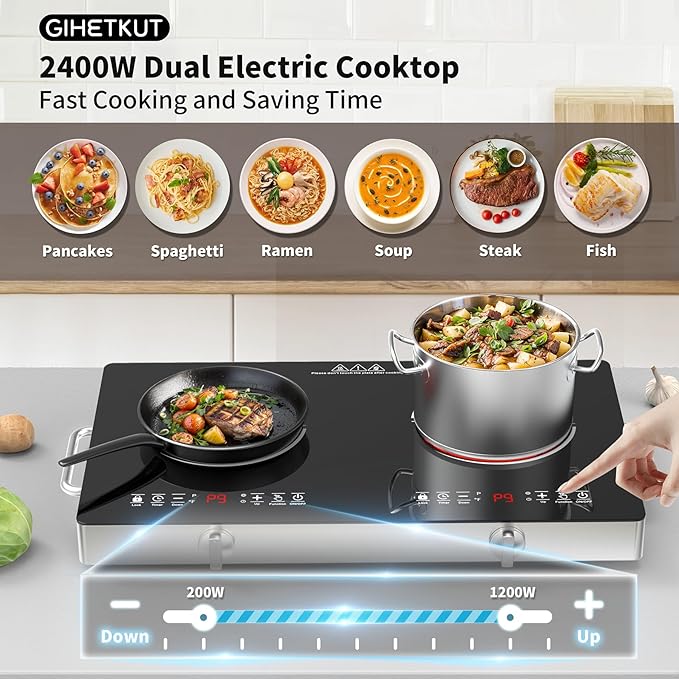 Electric Cooktop,110V 2400W Stove top, Countertop Cooktop with 9 Power Levels, LED Display,Child Safety Lock, Timer,Knob and Touch Control 2 burner Electric cooktop