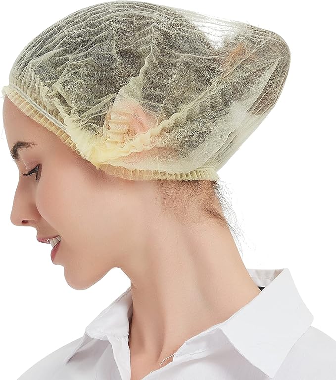 ProtectX 100-Pack Yellow Disposable Hair Nets, Elastic Head Cover, Bouffant Caps, Sanitation Head Cover for Food Service, Spa Men & Women - 21 inch