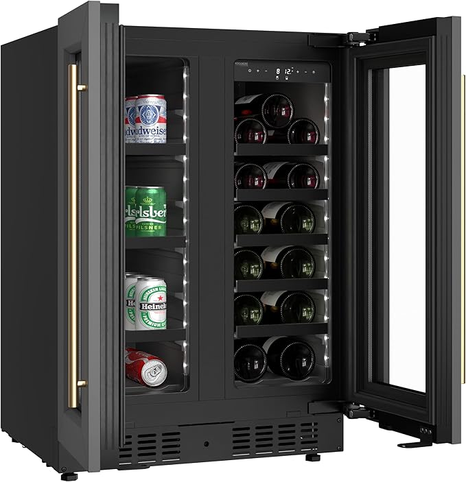 KoolMore Reserve 24 in. French Door Dual Zone Panel Ready Under-Counter Cooler with Black Shelves and 20 Bottle Capacity in the Right Zone and 2.1 Cu. Ft. on the Left in Black (KM-CWB24-BPR)