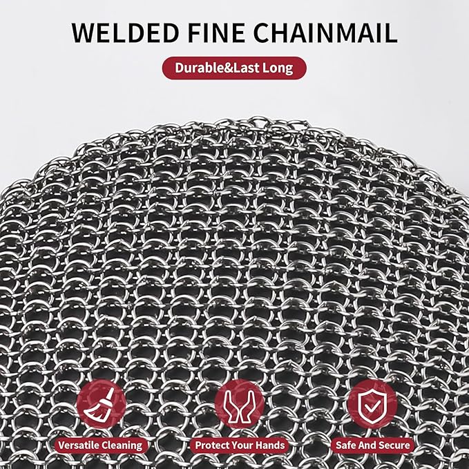 Cast Iron Cleaner Scrubber with Long Handle - Welded Fine Chain Mail Cast Iron Grill Scrubber Brush-Chainmail Sponge Scrub Cleaning Tool to Clean Skillets, Pan,Griddle, Wok, Dutch Oven