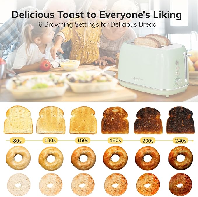 2 Slice Stainless Steel Toaster Retro with 6 Bread Shade Settings, Bagel, Cancel, Defrost Function, Extra Wide Slot, Removable Crumb Tray Green