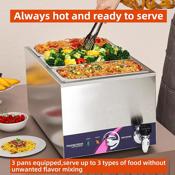 3-Pan Commercial Food Warmer with Non-Leakage Stretch-Forming Water Tank &3 of 1/3 Size GN Pan,Countertop Soup Station Bain Marie with Drain Tap for Buffet,Catering,Parties and Restaurants