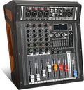 Audio Mixer 4 Channel, DJ Mixer with Power Amplifier, Audio Sound Card with 48V Phantom Power, Usb Audio Interface, Sounds Mixer Board with 99 DSP FX Reverb Delay Effect for Streaming