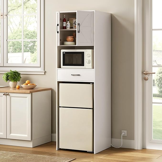 Mini Fridge Stand with Storage and Power Outlet, Coffee Bar Cabinet with Microwave Shelf, – Fits Most Mini Fridges and Wine Coolers, for Dorm, Kitchen, or Office White KH03MRW
