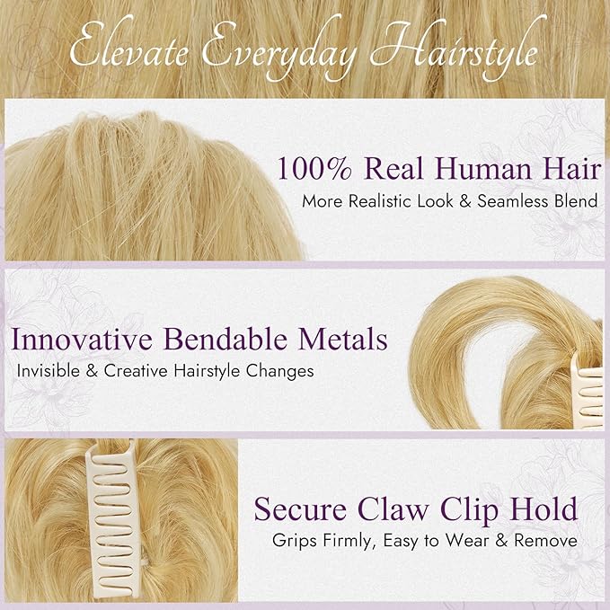 BARSDAR Claw Clip Short Human Hair Ponytail Extension with Bendable Metals - DIY Styles 8 Inch Real Human Hair Messy Bun Hairpieces for Women - Thick Natural Short Blonde Ponytail Daily Wear
