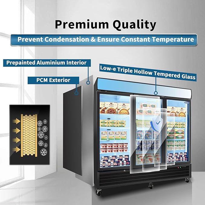 mikibama Glass Door Merchandiser Freezer, 70 Cu.ft Swing Door Commercial Reach-In Display Refrigerator with LED Top Panel Upright Freeze Storage, Three Cabinets, Black