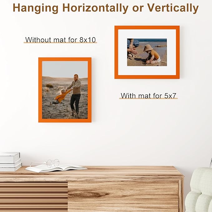 Vittanly 8x10 Picture Frame, Solid Wood Frame with Plexiglass, Includes 5x7 Mat, Wall Hanging or Tabletop for Home Decor, Orange, 1 Pack