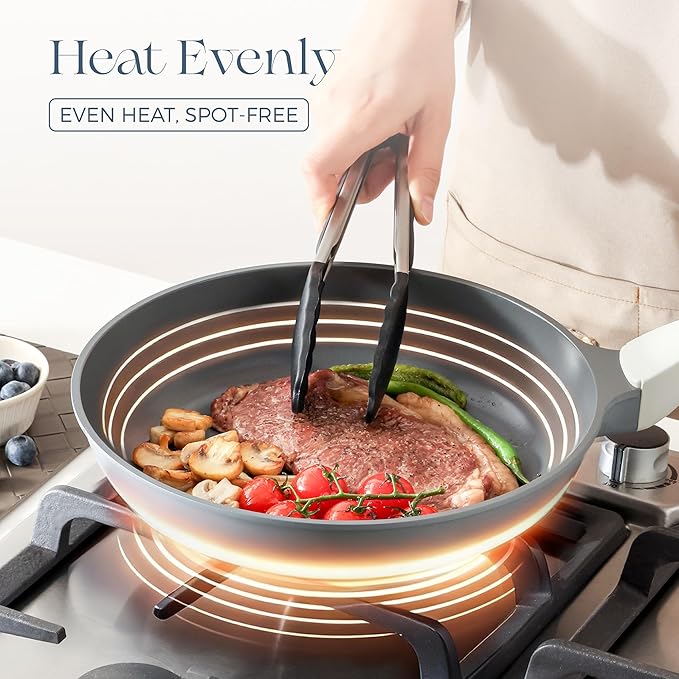PRICUSIS 5Pcs Nonstick Ceramic Frying Pan Set, 8+10+12 Inch Induction Compatible with Stay Cool Handle, Fully Coated, 100% Dishwasher Safe, Healthy PTFE PFAS & PFOA Free Omelet Pans (Blueberry Gray