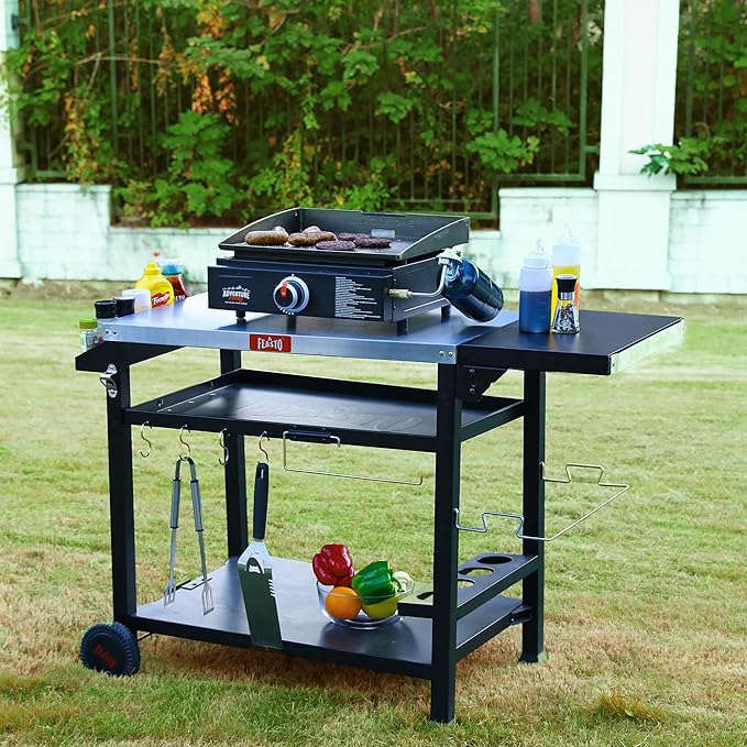 Outdoor Grill Cart, Pizza Oven Table Stand for Outdoor Indoor, 50" x 22" Stainless Steel Tabletop Dining BBQ Grill with Wheels for Food Prep, 3-Shelf Kitchen Cart Table