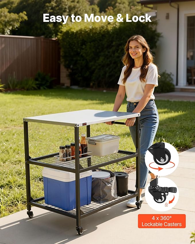 VEVOR Outdoor Grill Cart, 31.5 x 24.0 inch Stainless Steel Tabletop Size Grilling Table, Outdoor Cooking Table with 4 Wheels & Side Handle, Two Mesh Shelves, BBQ Prep Tables for Patio, Garden