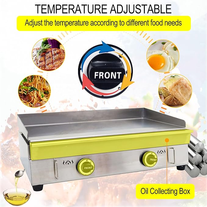 TECHTONGDA LPG Gas Countertop Flat Top Griddle Commercial Stainless Steel Griddle Grill Hot Plate BBQ Teppanyaki Grill with Adjustable Temperature Control for Restaurant Kitchen 2800Pa 28.94x16.14 in