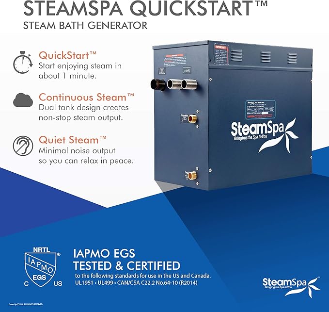 STEAMSPA 10.5kW Steam Sauna Generator Sentry Series 240V Steam Generator with Touch Screen, Steamhead, Built-in Steam Shower Auto Drain, ACU Quickstart Steam Bath Generator (Chrome)