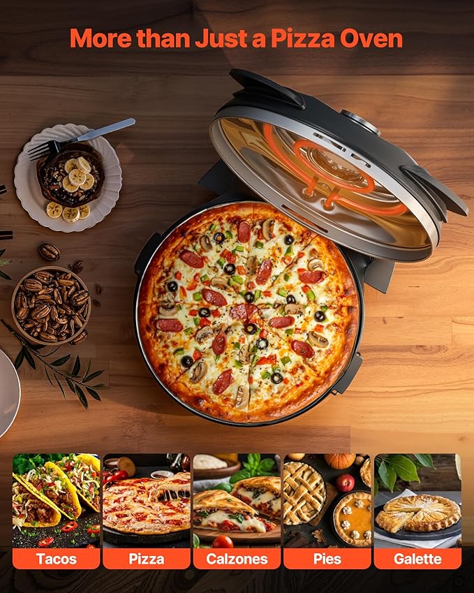VEVOR Indoor Pizza Oven, 12-Inch Electric Pizza Maker, 788°F Countertop Cooker with 5 Modes, 1200W Dual Temp Controls, Thermometer & Viewing Window, Compact Home Baker Pan for Crispy Pizza, Black