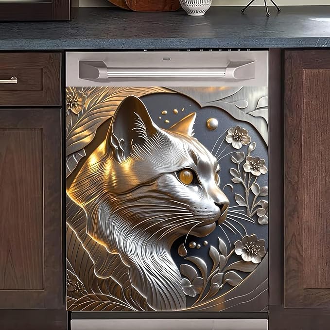 Metal Cat Dishwasher Cover Magnet Kitchen Decor 23x26 Inch Funny Cat Dishwasher Magnet Cover Front Door Panel Decal Sticker for Country Farmhouse Fridge Door Kitchen Decoration