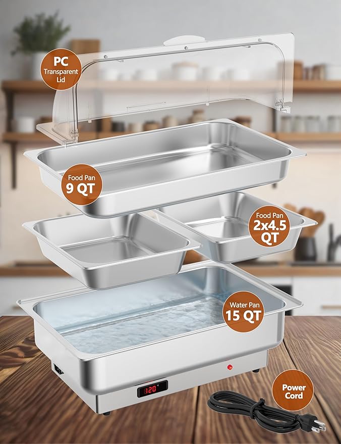 2 Pack Rectangular Chafing Dish Electric Buffet Set,9QT Stainless Steel Food Servers and Warmers with 1 Full-Size Pan & 2 Half-Size Pan for Catering, Wedding and Parties