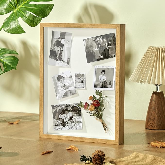 12x16 Shadow Box Display Case Picture Frame with Soft Linen Back, Large Wood Color Shadow Box 12x16 for Flowers Medal Display Case Jersey pet Graduation Memorabilia Baby Ltems Crafts Photos