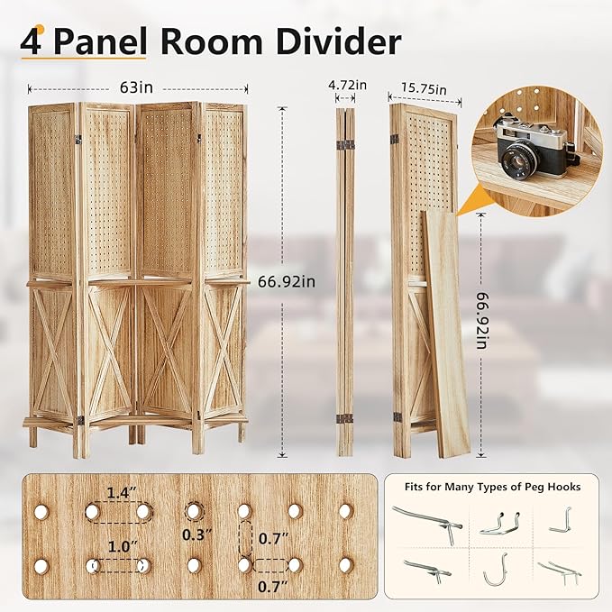 4 Panel Pegboard Display with 16 Hooks, Wooden Pegboard Room Divider Wall with Shelf, Partition Room Dividers and Folding Privacy Screens, Bedroom, Jewelry Store, Natural
