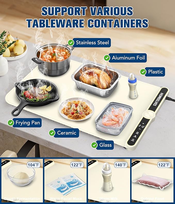 Food Warming Mat, Rapid Heating Electric Warming Tray with 9 Temp Setting and 6 Hours Timer,Foldable Warming Trays for Food, Portable Food Warmers for Parties Buffet, Beige