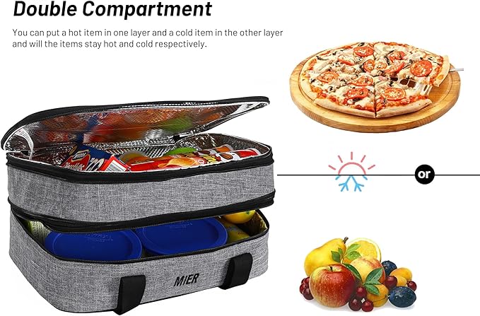 MIER Insulated Double Casserole Carrier Thermal Lunch Tote for Potluck Parties, Picnic, Beach, Fits 9 x 13 Inches Casserole Dish, Expandable by Mid Zipper, Gray