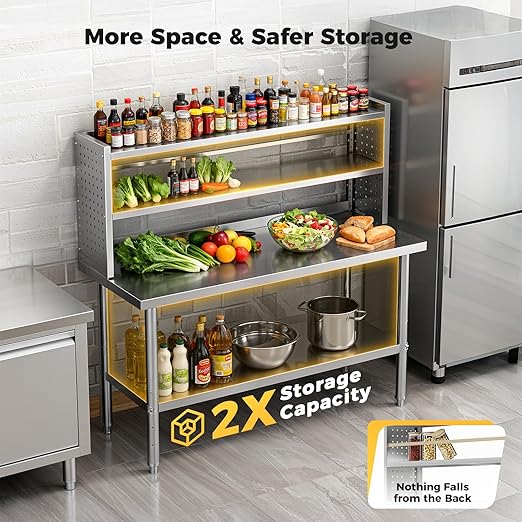 60x24 in NSF All Stainless Steel Table with Adjustable Shelf & Pegboard Panels & Casters, Kitchen Prep Table Commercial Heavy-Duty Worktable with Large Space Storage for Restaurant Garages