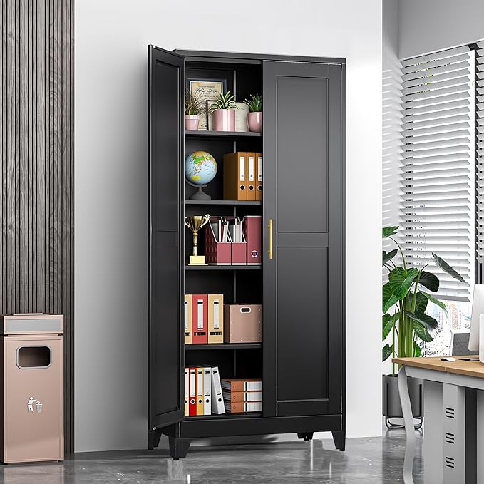 71" Tall Metal Storage Cabinet with 2 Doors and 4 Adjustable Shelves, Kitchen Pantry Cabinet Black Freestanding Cupboard, 5 Tier Multifunctional Steel Storage for Office, Kitchen, Dining Room