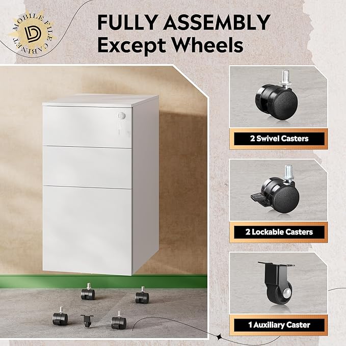 DEVAISE 3 Drawer Vertical File Cabinet with Lock, Under Desk Mobile Metal Filing Cabinet for Home Office Fit Legal/Letter/A4 File, Fully Assembled Except Wheels, White